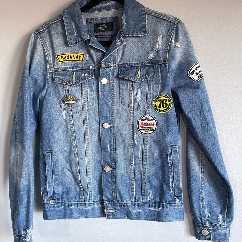 Lightly Distressed and Patched Denim Jacket | Small